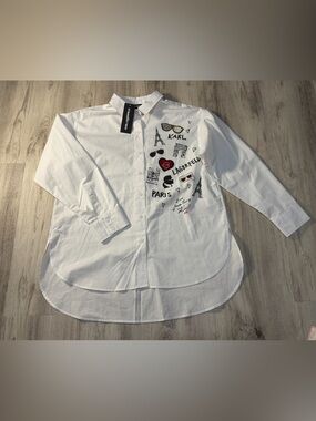 Karl Lagerfeld White Cotton Button-Down Shirt with Paris Embroidered Motifs